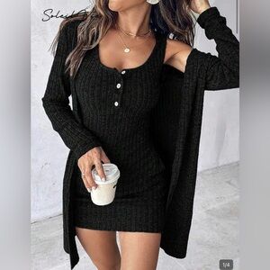 SHEIN Black Ribbed Knit Long Sleeve Dress cardigan set s
